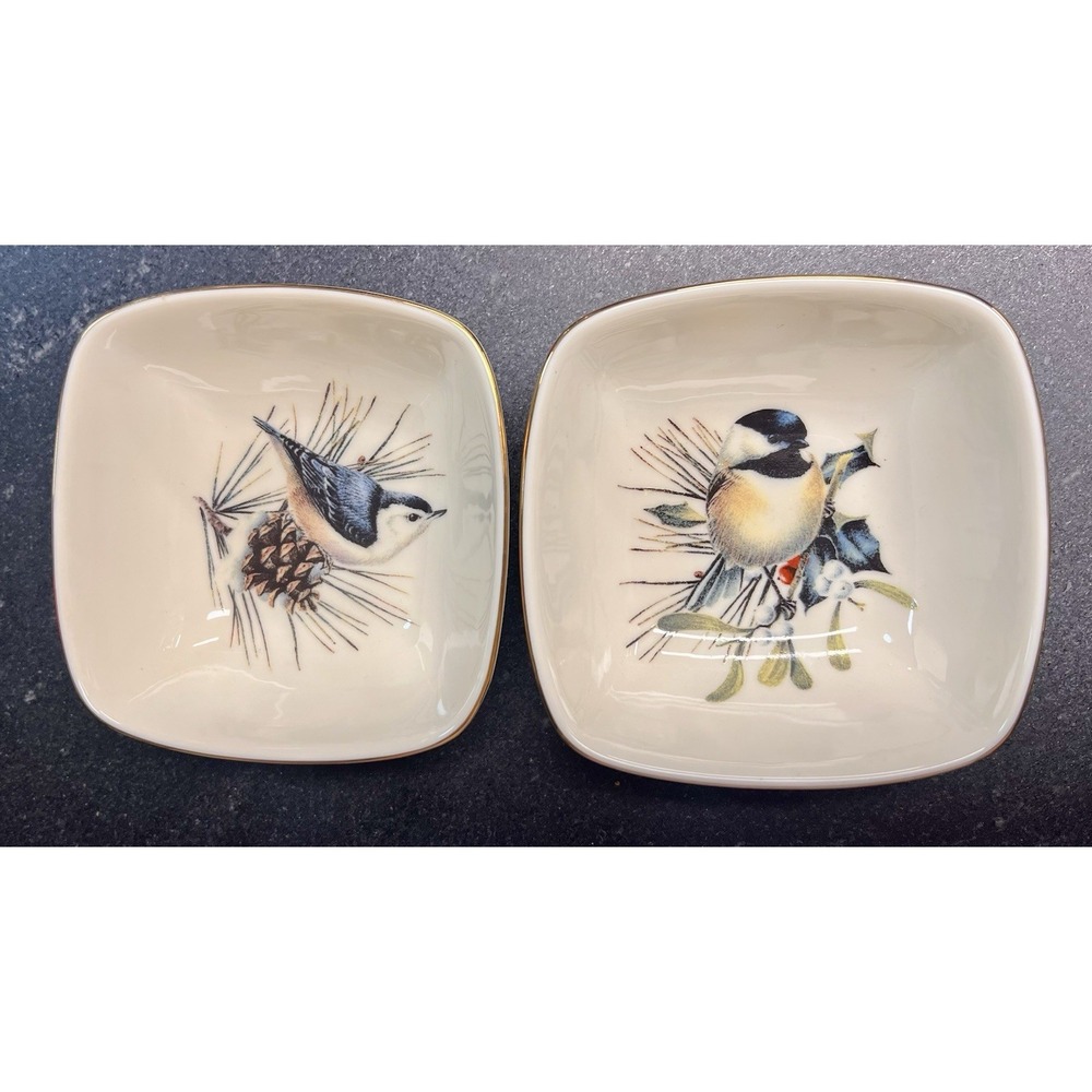 Set of 2 Lenox Winter Greetings 4" Square Bowls‎ Bird American Home Collection